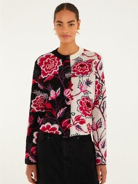 FARM Rio Mixed Garden Knit Cardigan Floral Two-Tone Pink/Black Size XS NWT
